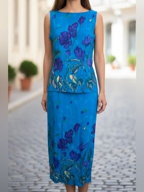 Dress Barn Blue Floral Maxi Dress Size 6 Boho Layered Look Rayon